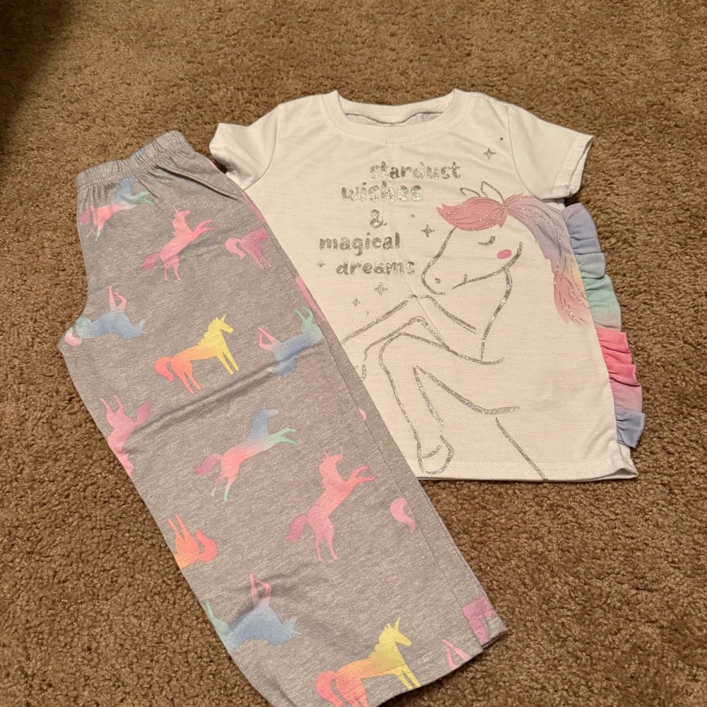 Carters Girls Unicorn Pajama Set Size 4 White Gray Rainbow Glitter 2 Piece PJ